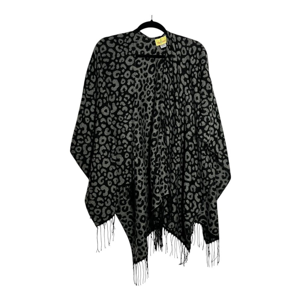 Viv & Lou Leopard Print Wrap Poncho Black Gray Fringe Open Front One Size Kimono